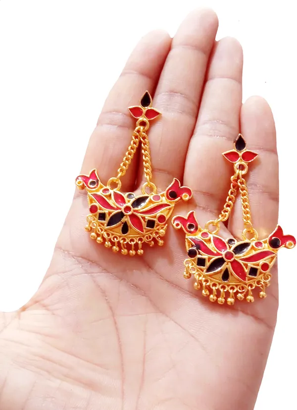Assamese_Traditional_Copper_Gold_Plated_Red_Black_Colour_Jhumki_Earring_For_Girls_&_Women